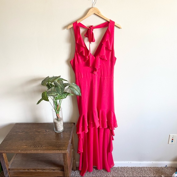 Badgley Mischka Red Ruffle Halter Hi Low Dress - Picture 2 of 7